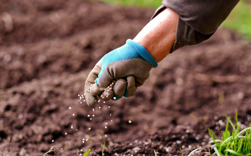 Gardener wearing gloves sprinkling soil onto a garden bed